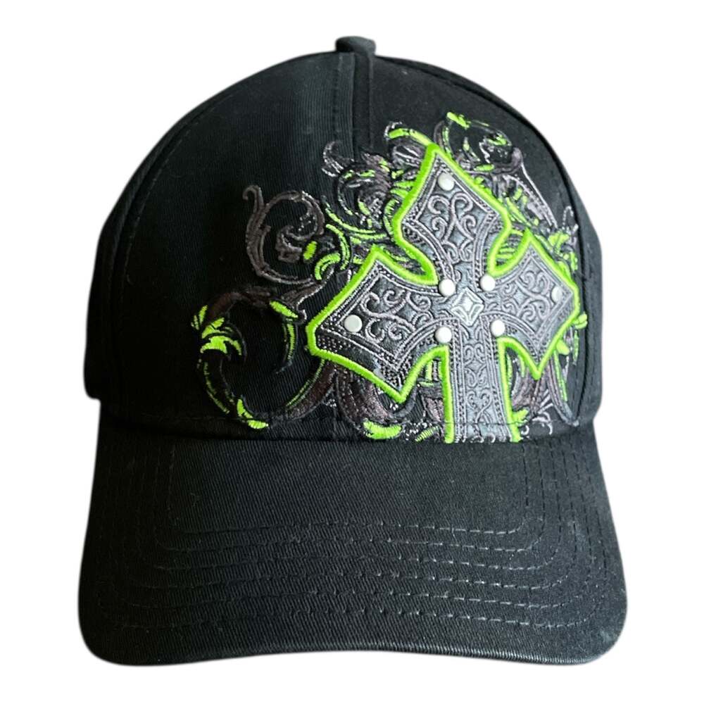 MMA Elite Flat Brim Hat Black Green Skulls All Over Print Fitted L/XL
